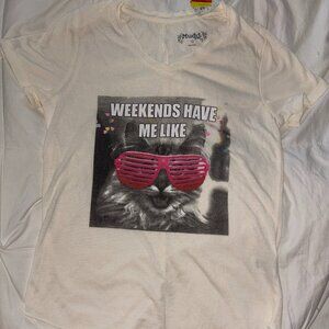 Mudd Girls White Graphic T-Shirt Size 10 | “Weekends Have Me Like” Cat Tee NWT